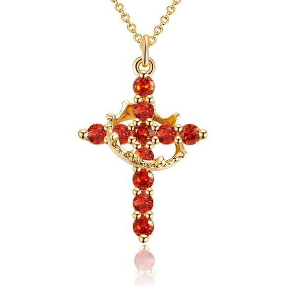 Perfect Gifts Women's Crown M07 Ruby Cross Necklace Gold Plated Faith Jewelry - Picture 7 of 8